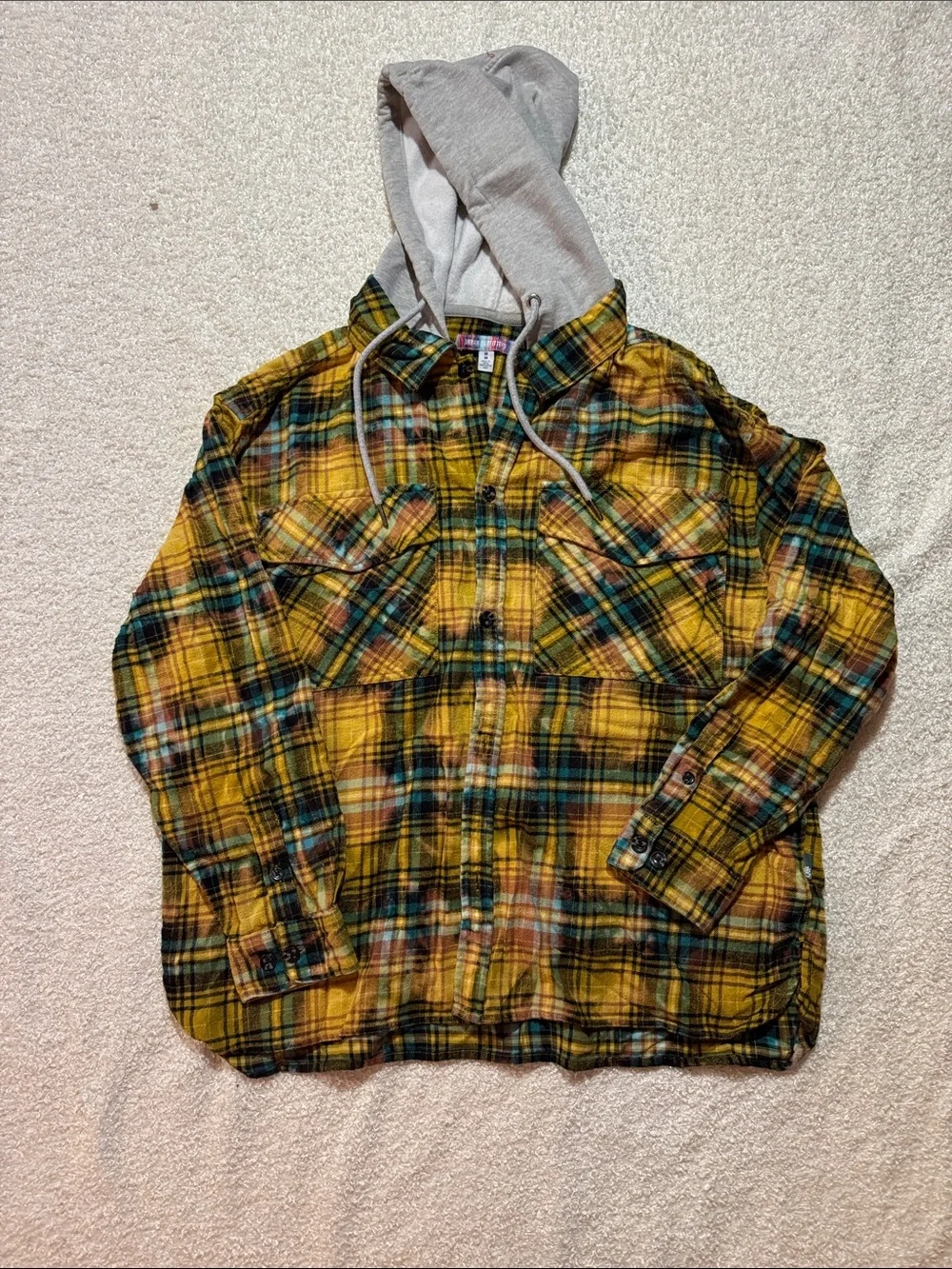 Urban Outfitters Yellow Plaid Flannel Shirt Jacket with Gray Hood